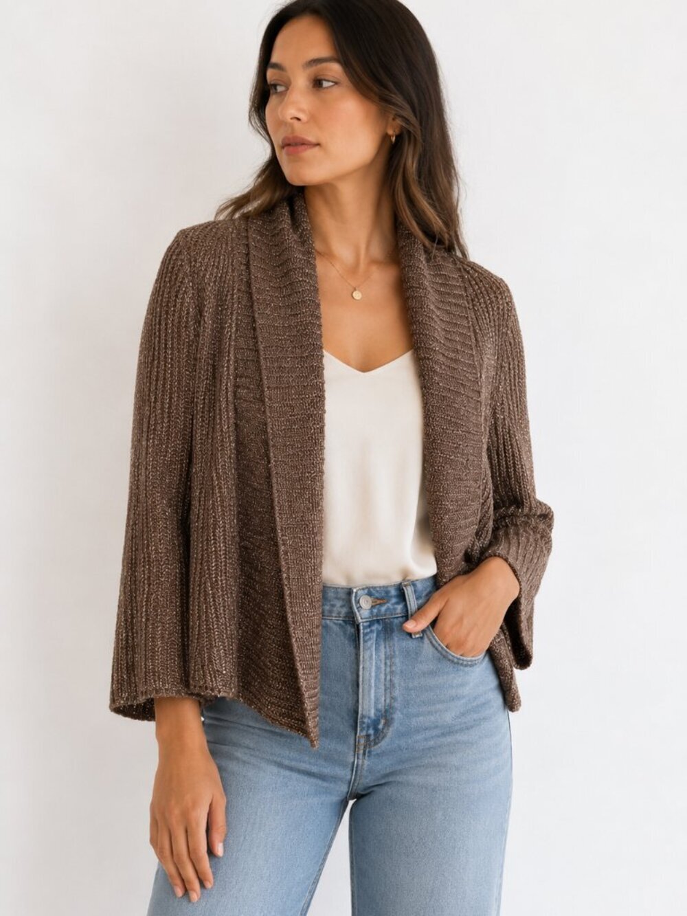 NC Chunky Knit Open-Front Sweater | Soft Brown Metallic Cropped Cardigan | Large